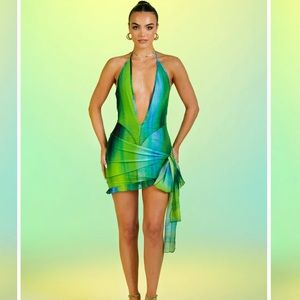 MURCI- DEEP V NECK ASYMMETRIC MINI DRESS IN EDEN